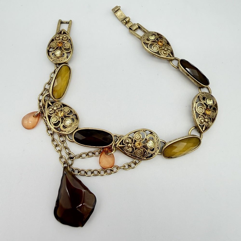 Gold-Tone Rhinestone Bracelet Fringe Detail Brushed Pretty Sz 6.75